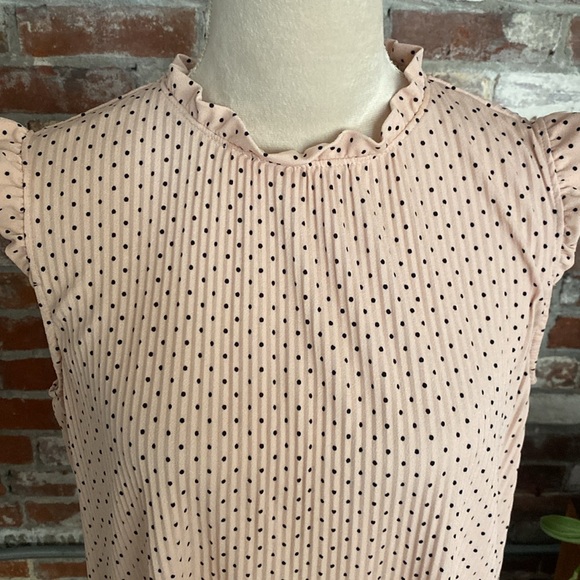 Andrianna Papell Pink with Black Polk Dot Ruffle Sleeve & Neck Short Sleeve Top - Picture 2 of 6